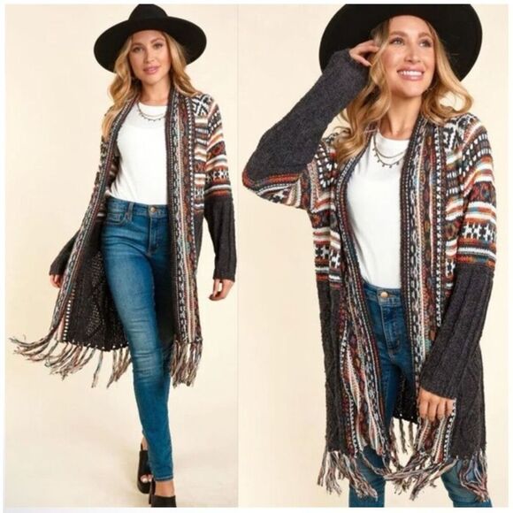 ADORA Aztec tribal boho open front fringe cardigan S/M - Picture 1 of 12